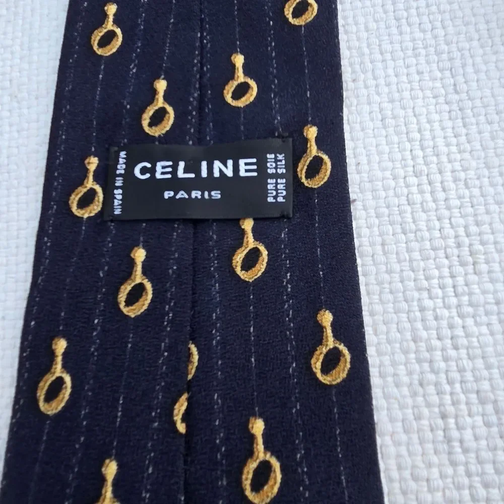 Celine 100 % silk tie navy and gold